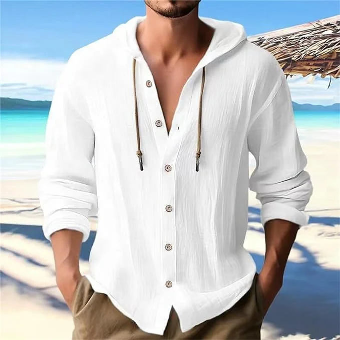 2025 Men's Casual Long Sleeve Hooded T-Shirt Cotton Linen Loose Knitted Men's Hooded T-Shirt Loose Fit Solid Color Sweatshirt